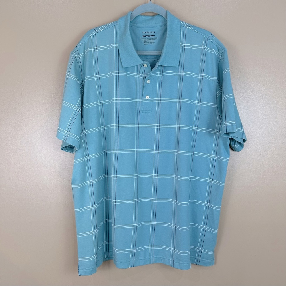 Van Heusen Men's Blue Checkered Plaid Polo Shirt XXL Preppy Prep School